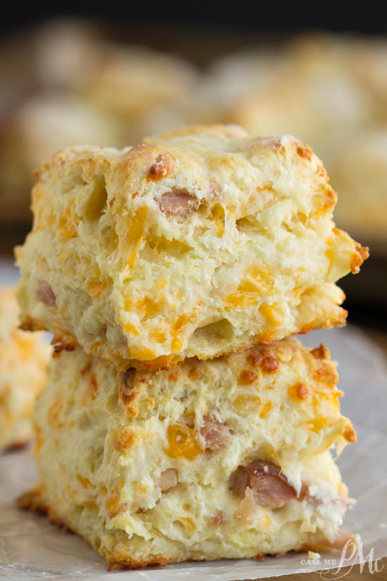Breakfast recipe. Buttery and flaky these homemade Cheesy Ham buttermilk biscuits are adorned with ham and cheddar cheese. Seriously amazing! This southern style breakfast with homemade biscuits and country ham and gooey cheese is the perfect hearty breakfast! These biscuits are buttery, savory, and a well-deserved treat! Scones. Cheesy Ham buttermilk biscuits