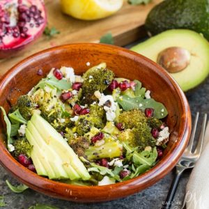 Pomegranate Avocado and Pine Nut Roasted Broccoli Salad