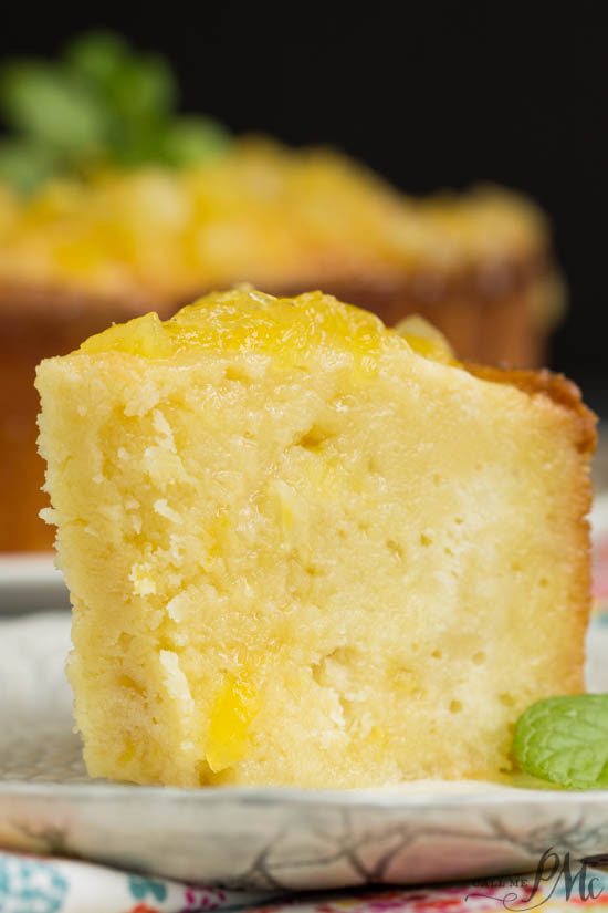 A slice of pineapple pound cake on a plate.