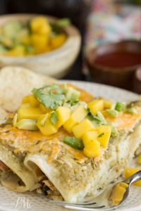 Lighter Salsa Verde Chicken Enchiladas with Avocado Mango Salsa