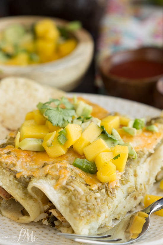 Lighter Salsa Verde Chicken Enchiladas with Avocado Mango Salsa