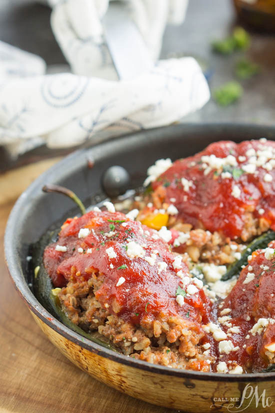 Beef. Meal. Family favorite. Roasted poblano peppers are stuffed with a hearty meatloaf in this Home-style Meatloaf Stuffed Poblanos recipe. Topped with a rich tomato sauce and tangy feta cheese, this is comfort food at its best. Home-style Meatloaf Stuffed Poblanos in a skillet.