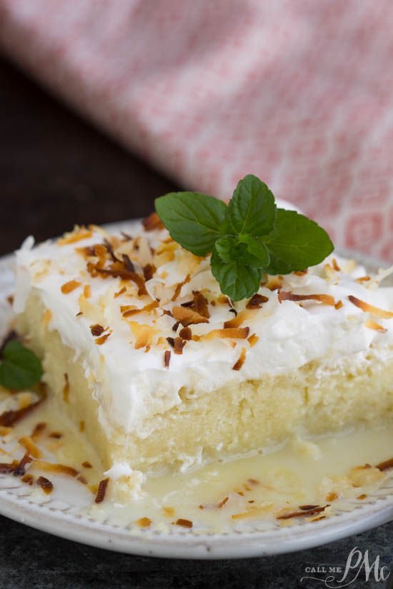Cake. A fluffy Tres Leches Coconut Cake soaked with coconut milk, frosted with whipped cream and topped with toasted coconut. A wonderful coconut sponge cake soaks up a trio of milk and makes this an unforgettablyย luscious dessert. Coconut Cake