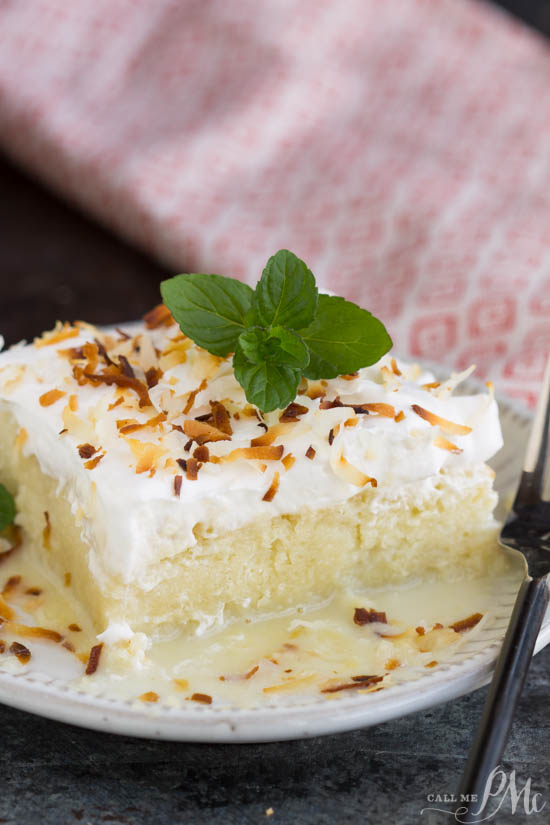 Dessert. A fluffy Tres Leches Coconut Cake soaked with coconut milk, frosted with whipped cream and topped with toasted coconut. A wonderful coconut sponge cake soaks up a trio of milk and makes this an unforgettablyย luscious dessert. Dessert