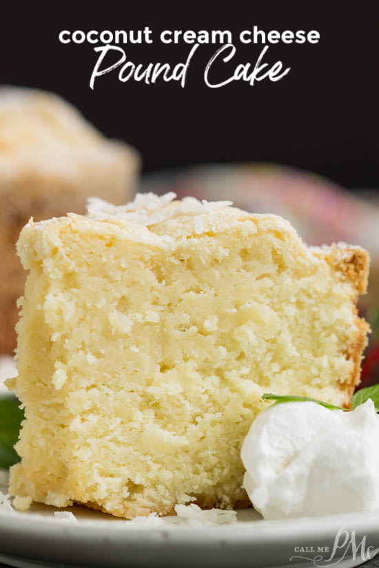 Recipe. Coconut Cream Cheese Pound Cake from Scratch. This Coconut Cream Cheese Pound Cake recipe is crazy delicious. Dense and buttery this pound cake is topped simply with a sprinkle of powdered sugar then served with whipped cream and berries. This rich, dense, buttery cake is dessert perfection. #cake #poundcake #poundcakepaula #recipe #dessert #bundt #homemade #coconut #creamcheese #fromscratch Coconut Cream Cheese Pound Cake