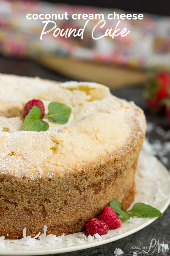 Recipe. Coconut Cream Cheese Pound Cake from Scratch. This Coconut Cream Cheese Pound Cake recipe is crazy delicious. Dense and buttery this pound cake is topped simply with a sprinkle of powdered sugar then served with whipped cream and berries. This rich, dense, buttery cake is dessert perfection. #cake #poundcake #poundcakepaula #recipe #dessert #bundt #homemade #coconut #creamcheese #fromscratch Pound Cake