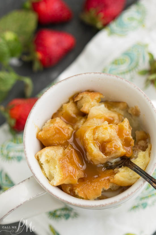 Five ingredients is all it takes to make Bread Pudding for Two in Mugs from scratch to satisfy that sweet tooth and avoid the temptation of overindulging. Coffee cup full of dessert.