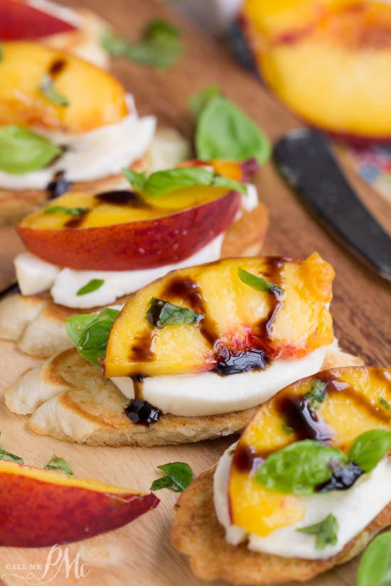 appetizer, recipe, fruit. Sweet summer peaches are served on a toasted French baguette and a pillow of mozzarella cheese then glazed with a balsamic reduction in my Peach Bruschetta recipe.