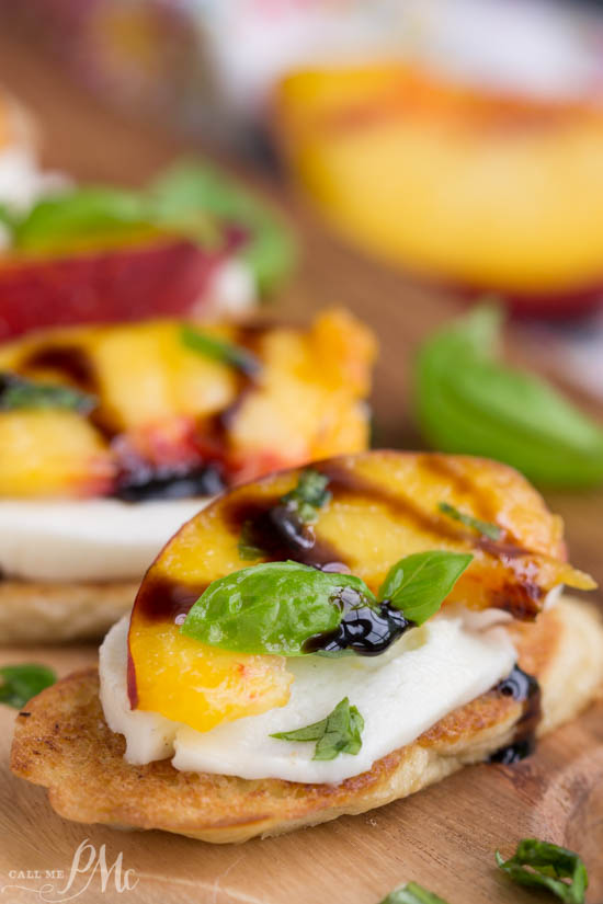 recipe. appetizer. Sweet summer peaches are served on a toasted French baguette and a pillow of mozzarella cheese