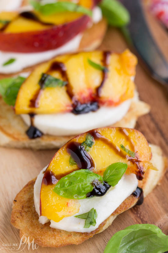 Appetizer. Sweet summer peaches are served on a toasted French baguette and a pillow of mozzarella cheese then glazed with a balsamic reduction in my Peach Bruschetta recipe.