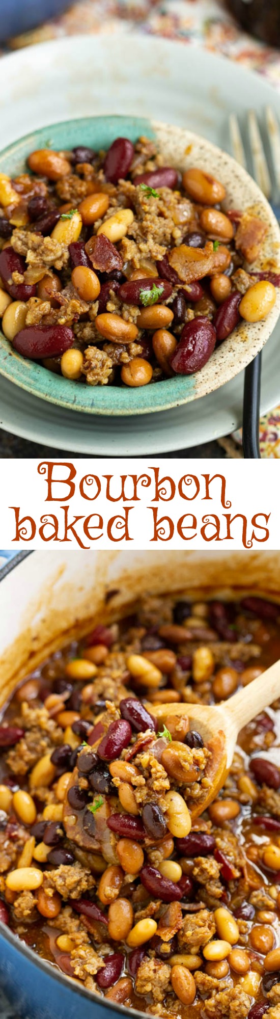 Stovetop Bourbon Bacon and Sausage Baked Beans. Hearty, flavorful, nutritious, and healthy, Stovetop Bourbon Bacon and Sausage 'Baked' Beans recipe thick and meaty. They make the perfect complement to your game day table, potluck, or barbecue all year.