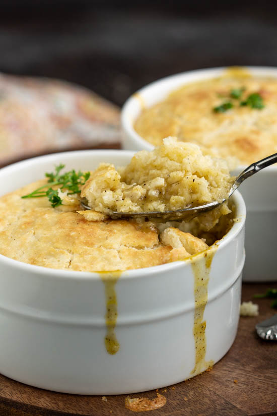 Dinner doesn't get any better than this. Chicken n Dumpling Casserole for Two with a biscuit-like topping is easy to make and a total comfort food. It's delicious and warming, the perfect dinner for chilly evenings!