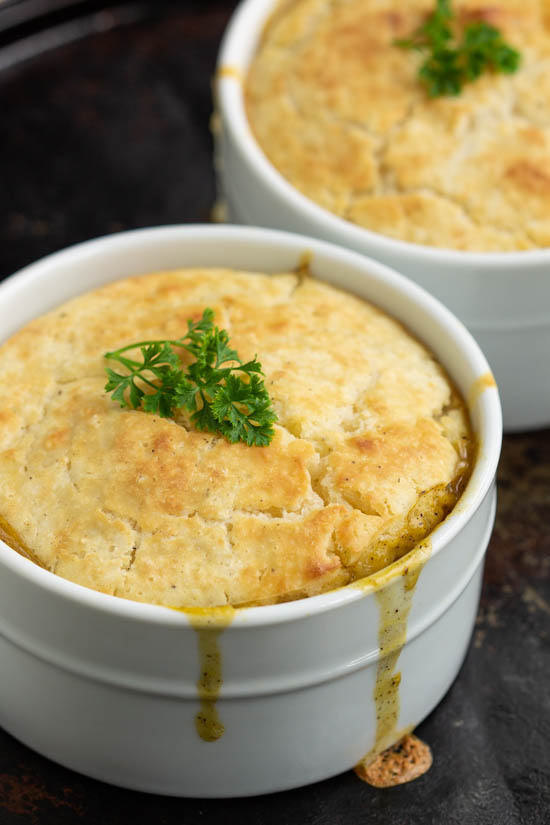Dinner doesn't get any better than this. Chicken n Dumpling Casserole for Two with a biscuit-like topping is easy to make and a total comfort food. It's delicious and warming, the perfect dinner for chilly evenings! Chicken n Dumpling Casserole