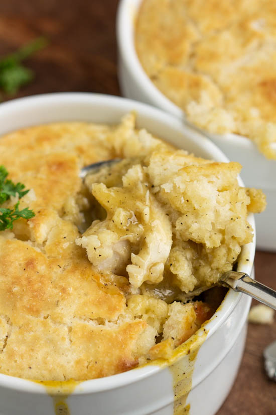 Dinner doesn't get any better than this. Chicken n Dumpling Casserole for Two with a biscuit-like topping is easy to make and a total comfort food. It's delicious and warming, the perfect dinner for chilly evenings! Chicken n Dumpling Casserole
