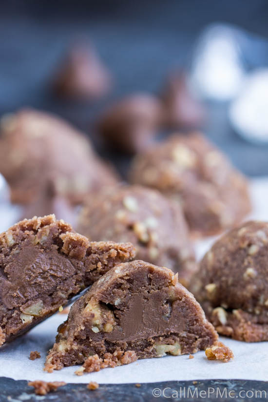 Chocolate Pecan Sandies Secret Kiss Cookies has a secret surprise inside. These luscious chocolate cookies are stuffed with a chocolate kiss. They are for-real amazing! #chocolate #cookie #recipe Chocolate Pecan Sandies Secret Kiss Cookies