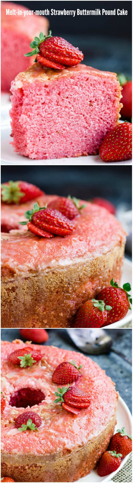 Melt in your Mouth Strawberry Buttermilk Pound Cake is simply amazing. The intense strawberry flavor and ultra-moist cake make a winning combination. #cake #poundcake #poundcakepaula #strawberry #jello #homemade #easy #dessert #recipe #Eastercake #Springcake