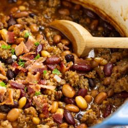 Stovetop Bourbon Bacon and Sausage Baked Beans