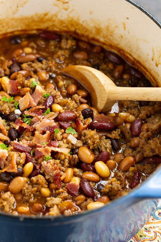 Stovetop Bourbon Bacon and Sausage Baked Beans. Hearty, flavorful, nutritious, and healthy, Stovetop Bourbon Bacon and Sausage 'Baked' Beans recipe thick and meaty. They make the perfect complement to your game day table, potluck, or barbecue all year. Stovetop Bourbon Bacon and Sausage Baked Beans