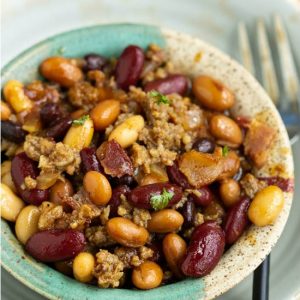 Stovetop Bourbon Bacon and Sausage Baked Beans