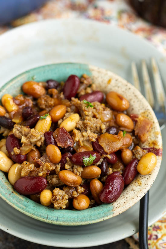 Stovetop Bourbon Bacon and Sausage Baked Beans 