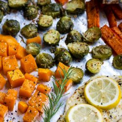 Sheet Pan Roasted Chicken, Butternut Squash, Brussels, and Carrots