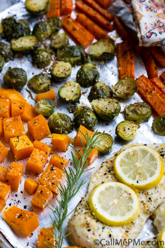 Sheet Pan Roasted Chicken, Butternut Squash, Brussels, and Carrots