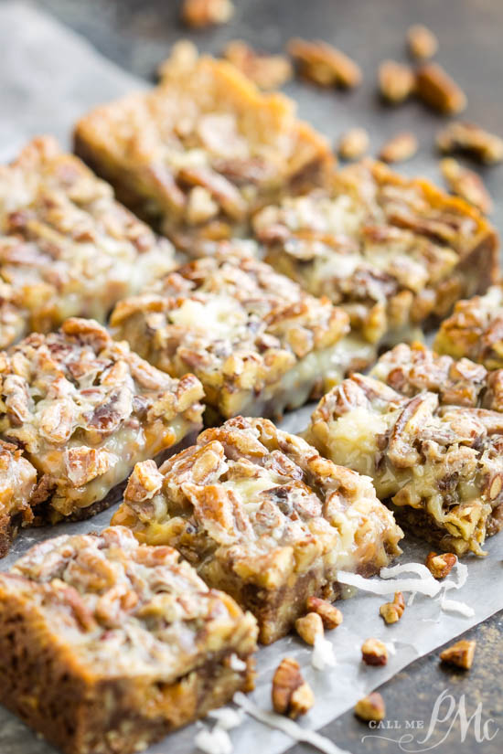 These will not last long at a party! Pecan Pie Magic Cookie Bars with Chocolate Shortbread Crust have a buttery shortbread crust with layers of pecan pie flavors. #dessert #chocolate #pecans