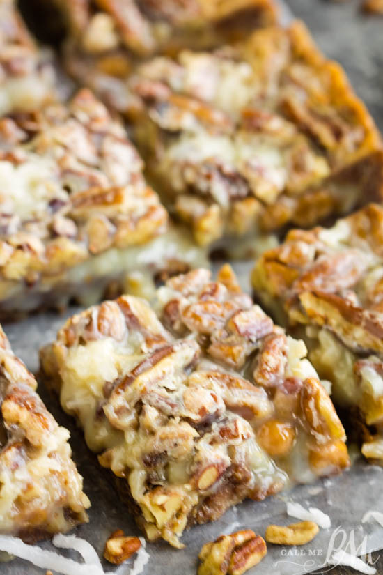 Pecan bars on a baking sheet.