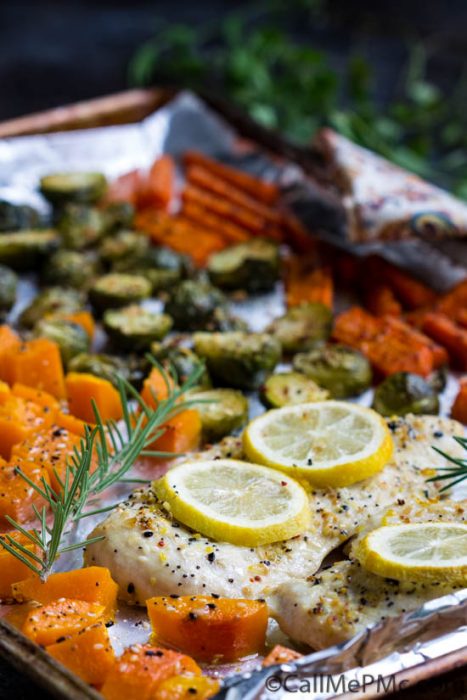 Sheet Pan Roasted Chicken, Butternut Squash, Brussels, and Carrots recipe