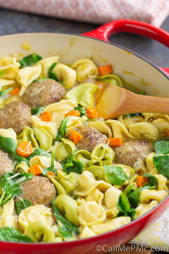 Â You can enjoy a delicious and easy Skinny Turkey Meatball Tortellini Soup soup perfect for when you crave a hearty, wholesome soup recipe! It's a comforting family dinner and ideal for cold weather! Skinny Turkey Meatball Tortellini Soup