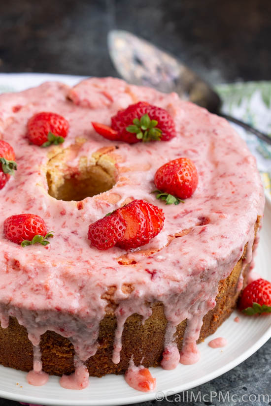 Strawberry pound cake on a white plate.