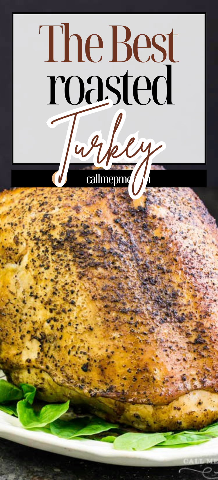 A seasoned, roasted turkey breast is served on a white plate with green garnish. The text above reads, "The Best Holiday Roast Turkey Breast.