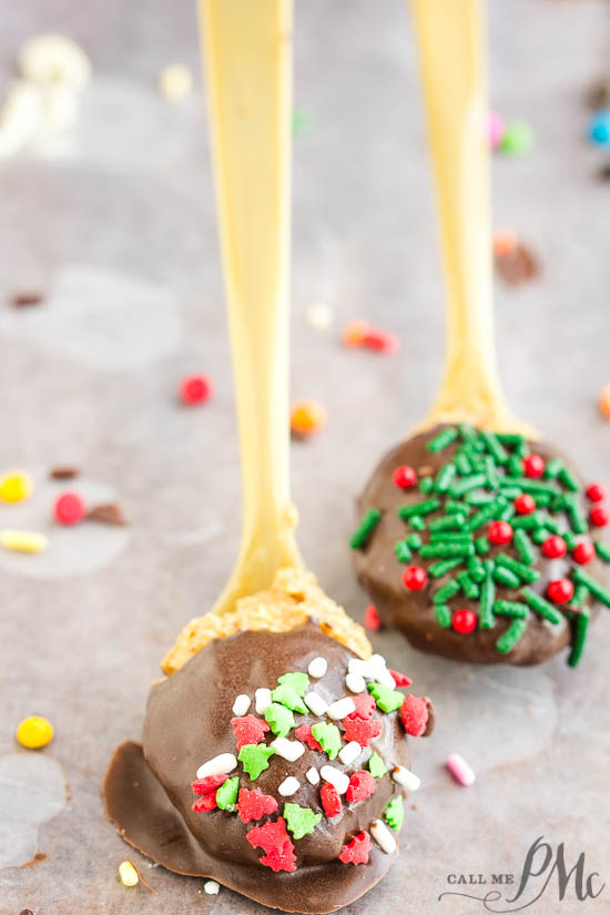 Buckeye Chocolate Peanut Butter Truffle Spoons -ย Decadent portions of peanut butter truffles dipped in chocolate to stir into hot chocolate or eat as dessert. These spoons are easy to make, fun to make with kids, and make great #gifts. #chocolate #truffles #peanutbutter Dessert spoons on table.