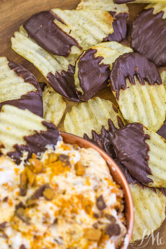 Butterfinger Dip with Chocolate Covered Potato Chips  