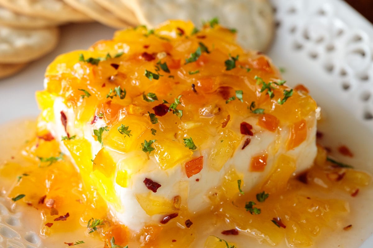 Pineapple Habanero Pepper Jelly - Easy Block Cream Cheese Appetizer Spreads that make a tasty last-minute appetizer with just a few ingredients. Pineapple Habanero Pepper Jelly for party.
