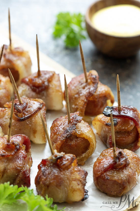 bite sized bacon wrapped appetizers on toothpicks.