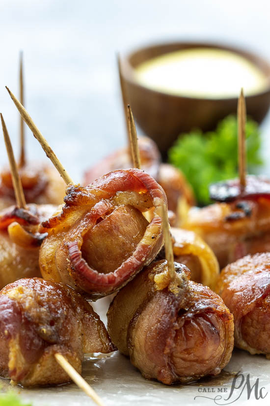 Bacon Wrapped Sausage Bites on wooden toothpicks