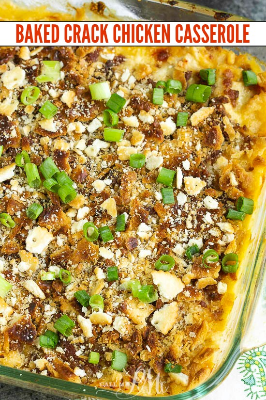 A family favorite, Baked Crack Chicken Casserole is an easy, ย delicious dinner that's loaded with flavors. This comfort food will become your go-to recipe for busy weeknights. #comfortfood #easymeal #crackchicken #chicken #chickenrecipe #recipe #baked #ranch #bacon #cheese Casserole with bacon and buttery crackers on top.