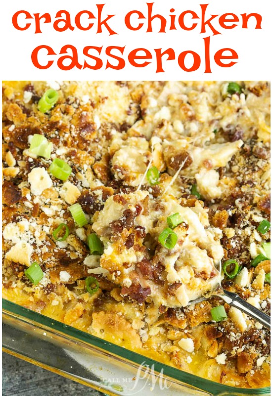 A family favorite, Baked Crack Chicken Casserole is an easy, ย delicious dinner that's loaded with flavors. This comfort food will become your go-to recipe for busy weeknights. #comfortfood #easymeal #crackchicken #chicken #chickenrecipe #recipe #baked #ranch #bacon #cheese Baked Crack Chicken