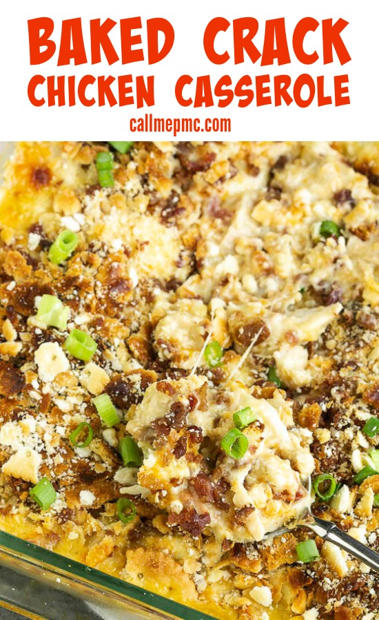 A family favorite, Baked Crack Chicken Casserole is an easy, ย delicious dinner that's loaded with flavors. This comfort food will become your go-to recipe for busy weeknights. #comfortfood #easymeal #crackchicken #chicken #chickenrecipe #recipe #baked #ranch #bacon #cheese Baked Crack Chicken