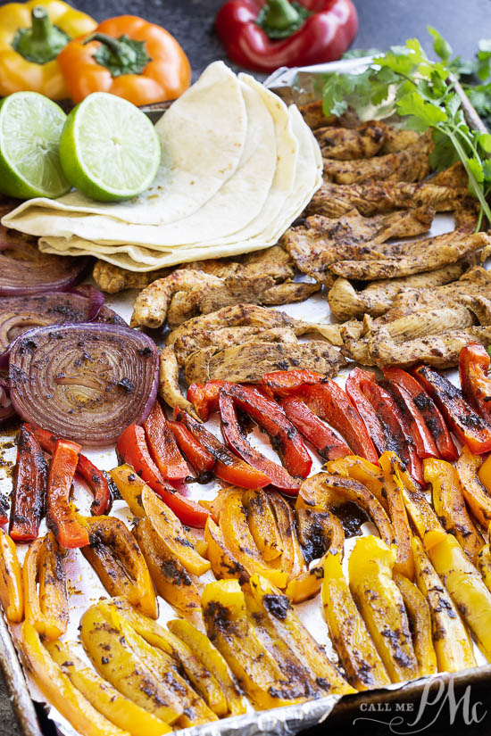 Healthy 20 Minute Chili Lime Sheet Pan Chicken Fajita Recipe is an easy weeknight dinner staple. Crispy veggies, tender chicken and shrimp are seasoned with chili pepper and lime juice then served with healthy tortillas.