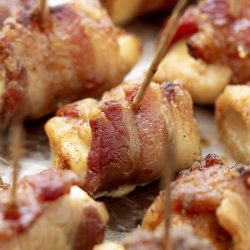 Bacon Wrapped Chicken Bites are the easiest appetizer with just four ingredients. This sweet and savory appetizer will become a family favorite.