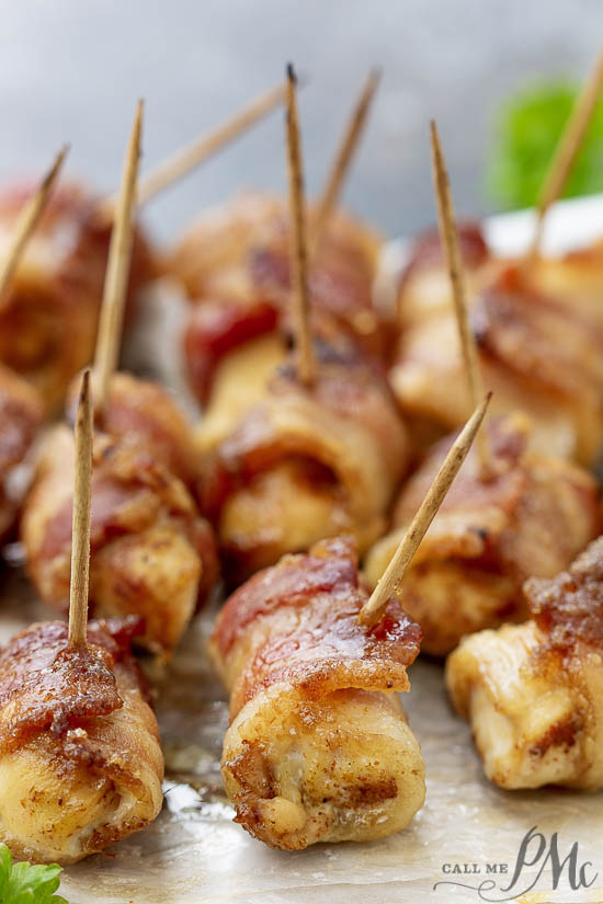 Bacon Wrapped Chicken Bites are the easiest appetizer with just four ingredients. This sweet and savory appetizer will become a family favorite. #chicken #bacon Bacon Wrapped Chicken Bites