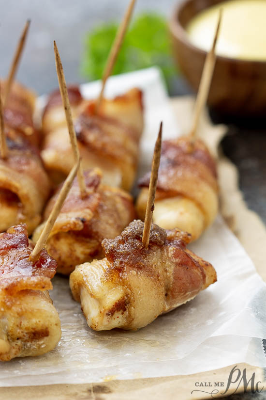 Bacon Wrapped Chicken Bites are the easiest appetizer with just four ingredients. This sweet and savory appetizer will become a family favorite. #chicken #bacon low carb appetizer