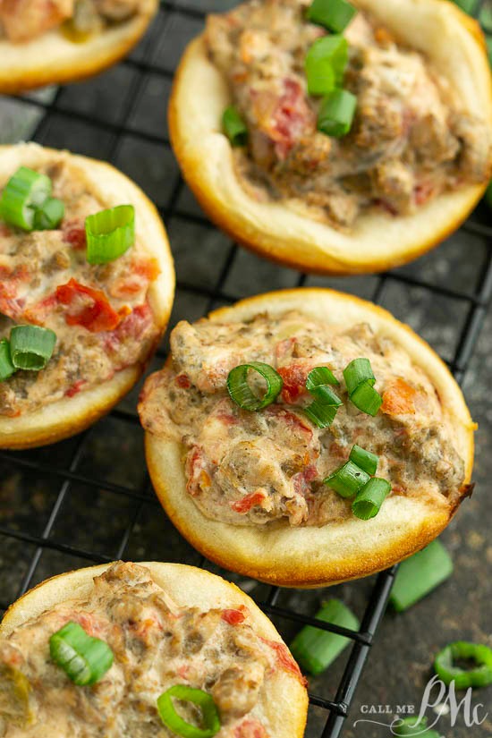 Rotel Sausage Biscuit Bites have just four ingredients. Perfect for entertaining and potlucks! #sausage #appetizer Rotel Sausage Biscuit Bites