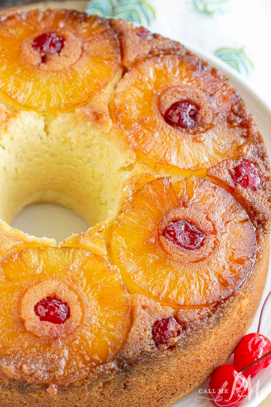 Flatlay of pineapple upside cake made in a tube pan.