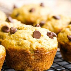 Studded with chocolate chips these Blue Ribbon Banana Bread Muffins are super moist, soft, and fluffy with a sweet banana flavor.