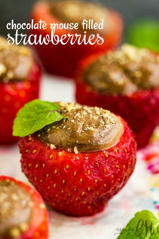 Chocolate Mousse Filled Strawberries, freshly hulled strawberries, stuffed with an amazing chocolate mousse. Enjoy as a snack or serve as a healthy dessert!