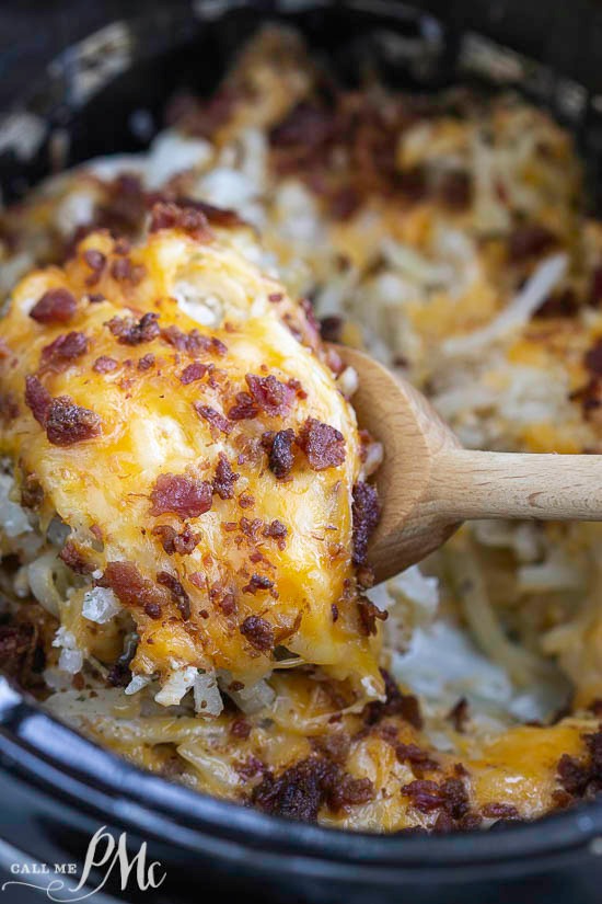 Crock Pot Crack Hash Brown Potatoes, the quintessential comfort food gets an easy and delicious make-over with the addition of Ranch seasoning and bacon. #bacon #cheese #hashbrowns #slowcooker Crock Pot Crack Hash Brown Potatoes