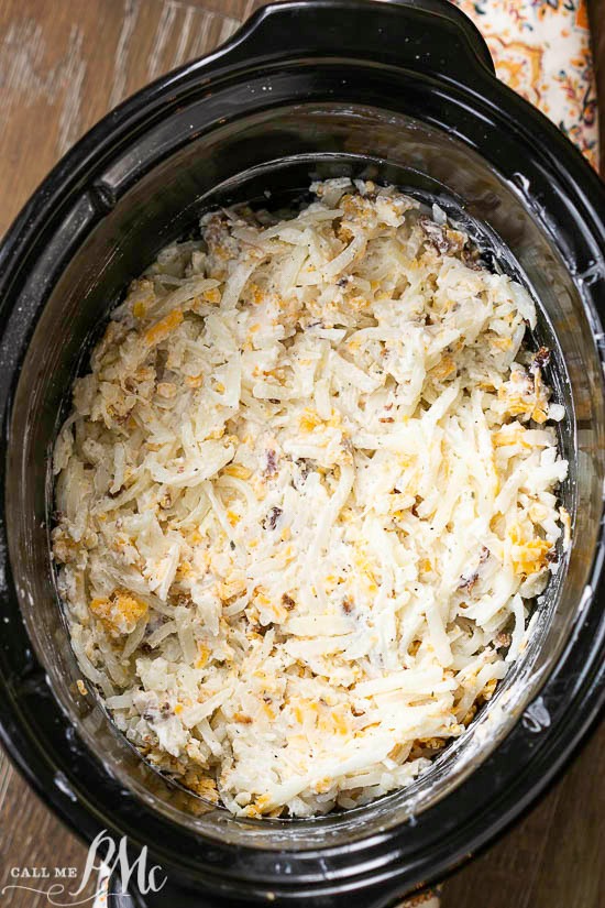 Crock Pot Crack Hash Brown Potatoes, the quintessential comfort food gets an easy and delicious make-over with the addition of Ranch seasoning and bacon. #bacon #cheese #hashbrowns #slowcooker crock pot with ingredients